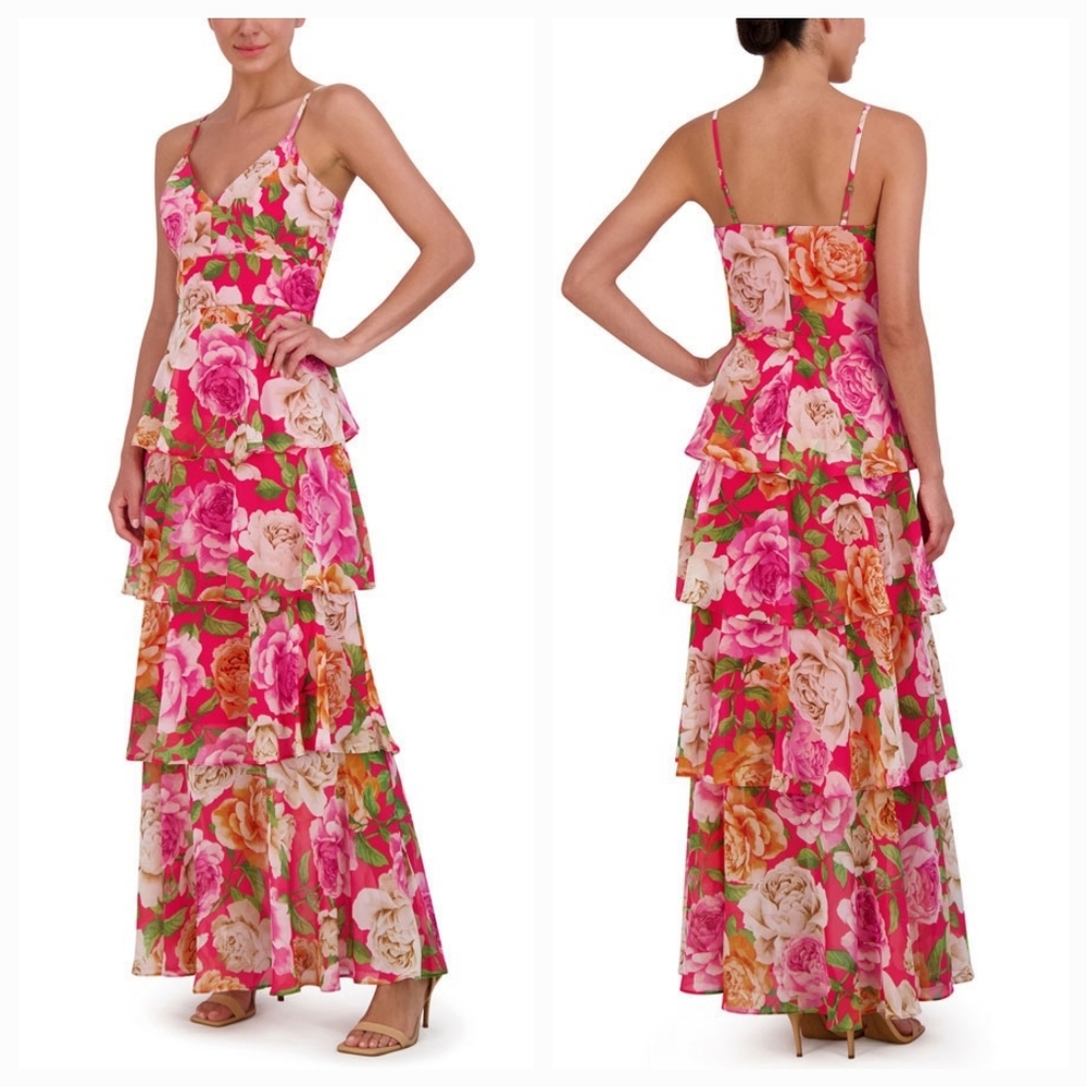 NWT Eliza J Floral Tiered Maxi Dress 16 Pink V-Neck Ruffle Chiffon Gown Wedding - Picture 5 of 14